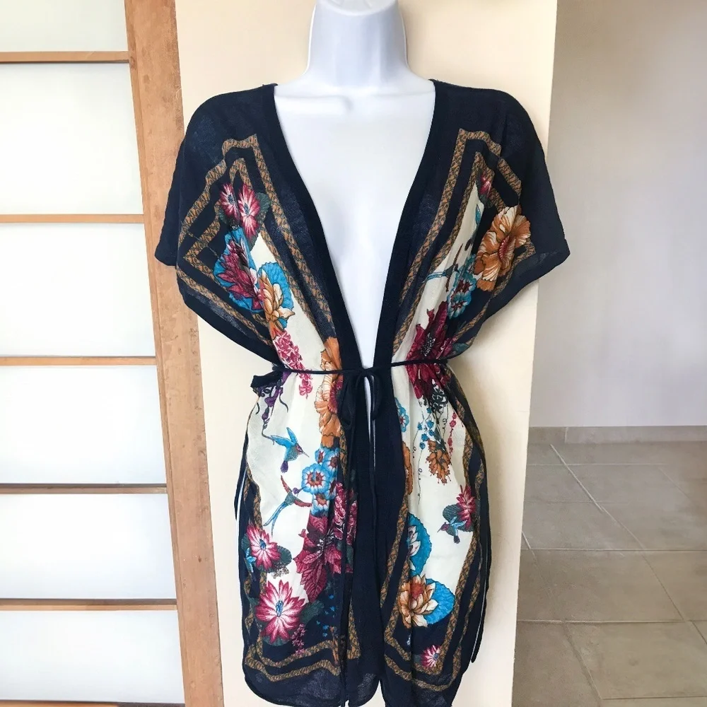 Anthropologie Moth Floral Kimono Tunic Boho Tie Waist Wrap Top Small